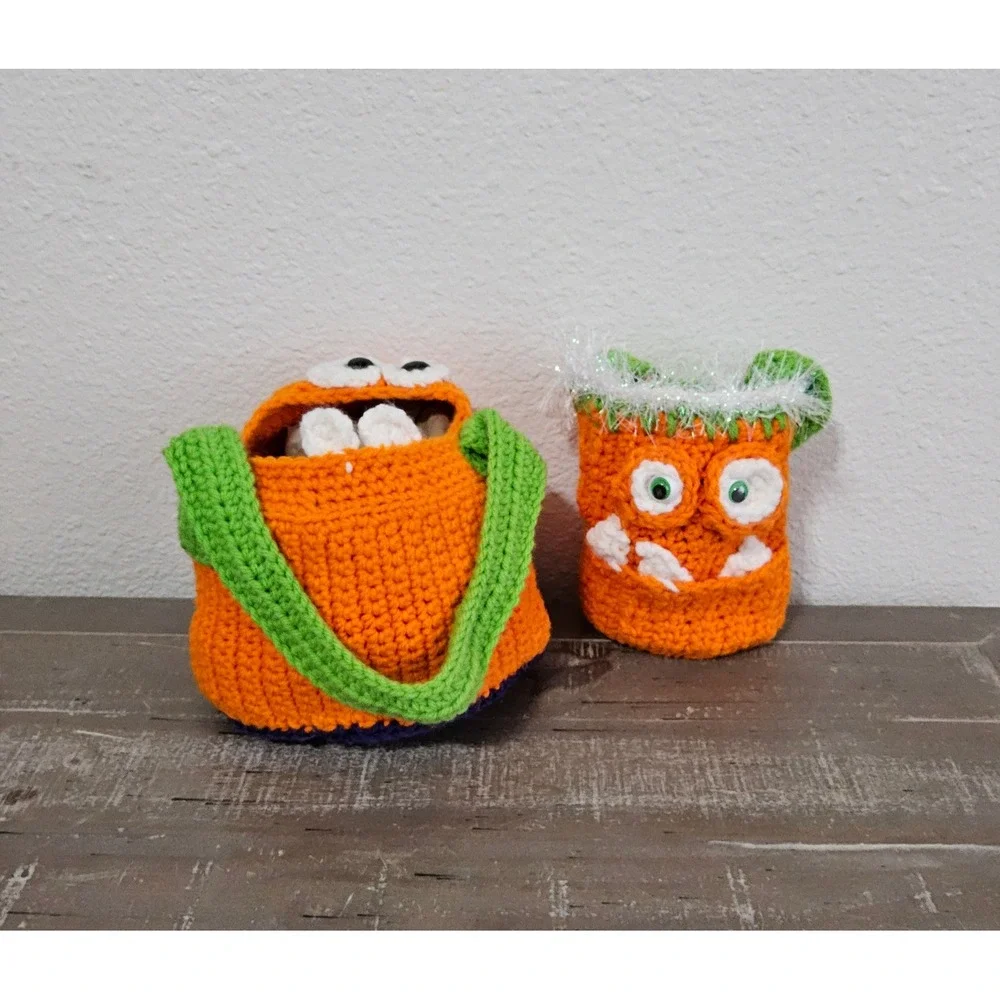 Handmade Crochet Monster Bag Set Kids Orange Green Halloween Trick or Treat